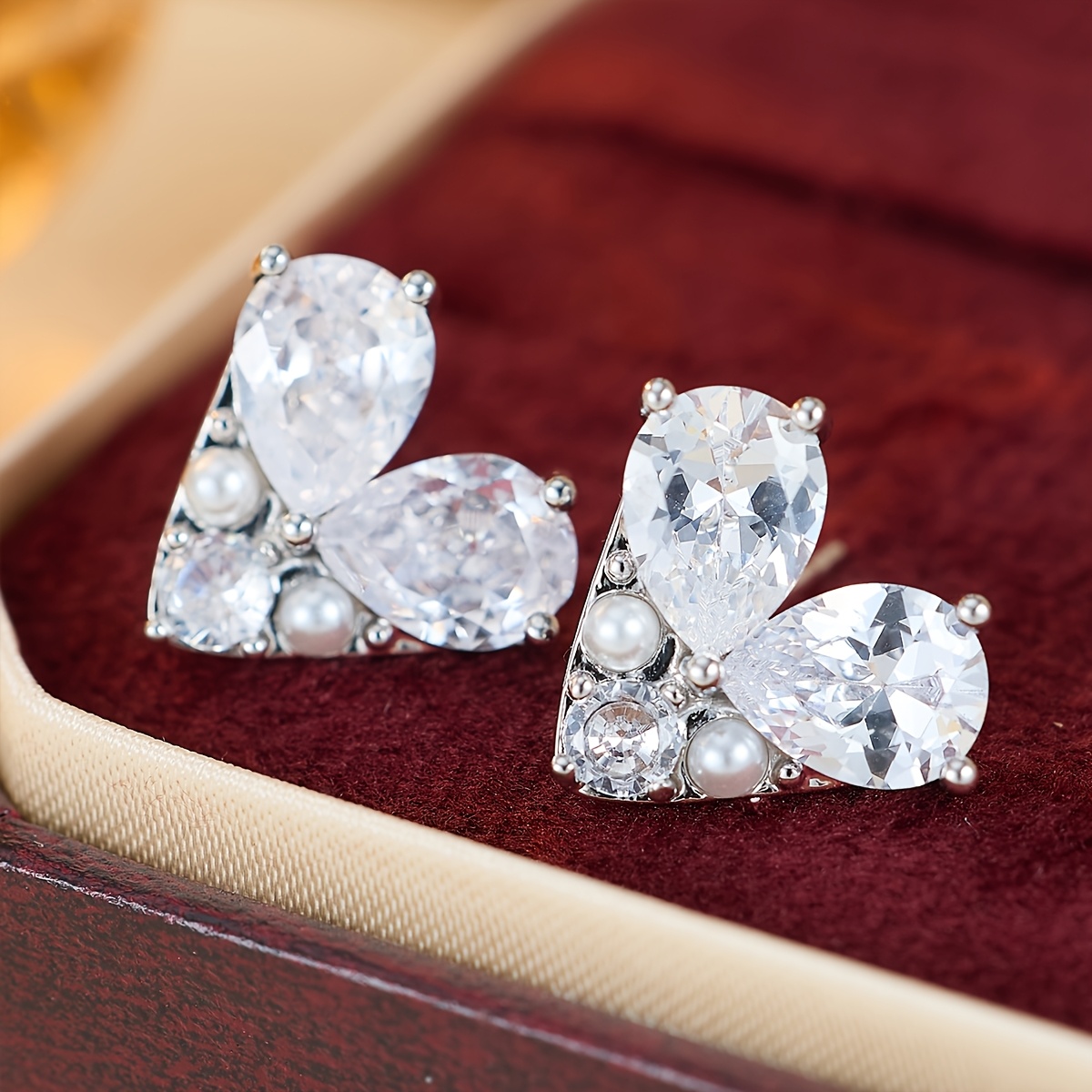 Classic Flower Heart Stud Earrings with Synthetic Zirconia